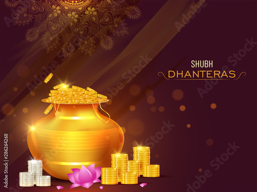 Illustration of golden coins pot with lotus flower on the occasion of Shubh (Happy) Dhanteras celebration concept. Can be used as greeting card or poster design. photo