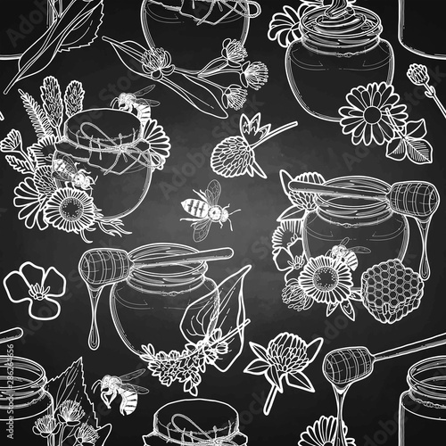 Graphic pattern of honey and floral decorations