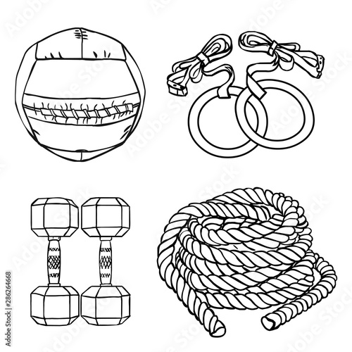 Set of gym equipment icons of med ball, gymnastics grips, dumbbell and rope. Line icon set. Training tools.