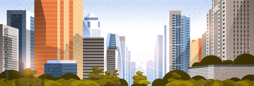 beautifil city on sunset panorama skyline high skyscrapers modern cityscape background flat horizontal