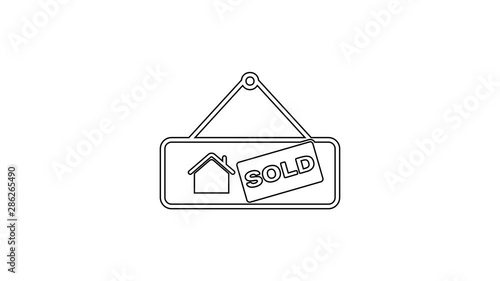 Black Hanging with text Sold line icon on white background. Sold sticker. Soldboard. 4K Video motion graphic animation photo