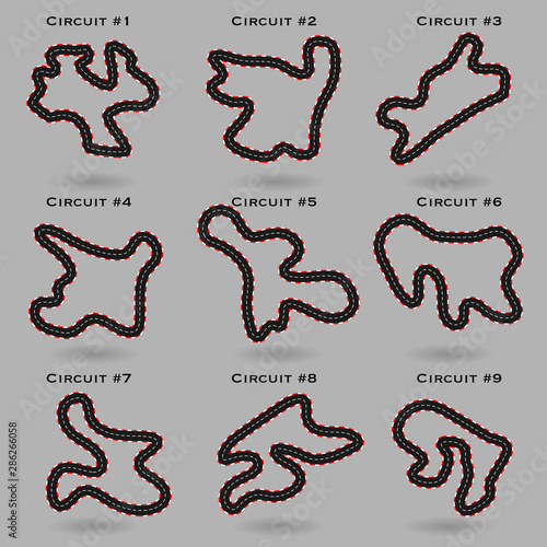 Set of different custom made race track maps with shadows isolated on gray background