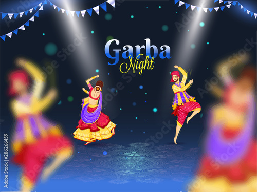 Beautiful poster or banner design with illustration of couple dancing on occasion of Garba Night party celebration concept.