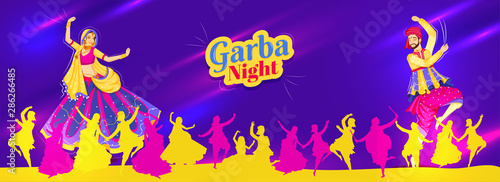 Advertisng Garba Night party header or banner design with illustration of couple dancing on glossy purple lighting background.