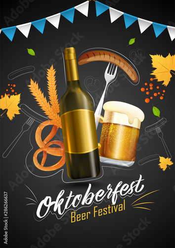 Oktoberfest Beer festival invitation card design with illustration of wine bottle, drink glass, sausage fork, pretzel and wheat on black background.