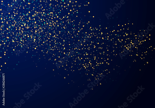 Abstract falling particles golden glitter lights texture on a dark blue background with lighting.
