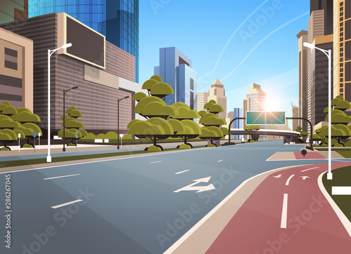asphalt road with bike cycling lane path information banner traffic signs city skyline modern skyscrapers cityscape sunshine background flat horizontal