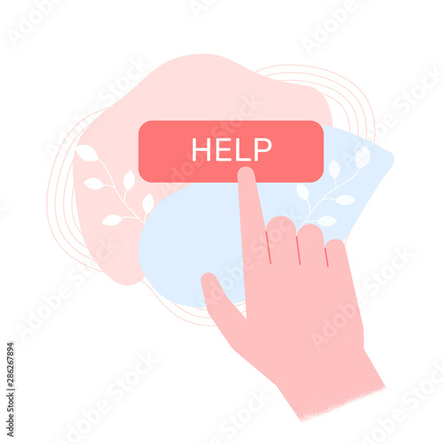 The user press a button with a finger.  Create a request for help, frequently asked questions, user interface. Vector illustration with hand for landing pages.