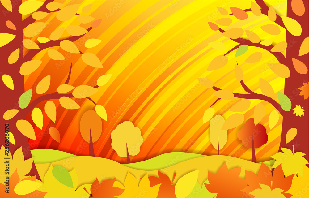 Horizontal bright autumn background. Autumn forest with falling leaves. place under text for flyers, leaflet, web.
