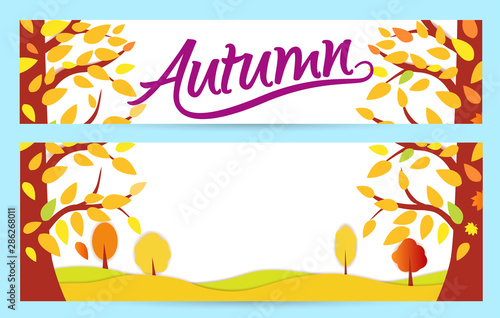 Set Bright autumn banners. gold autumn forest. With text - Autumn Sale up to 50 . Vector illustrations for flyers, leaflet, web.