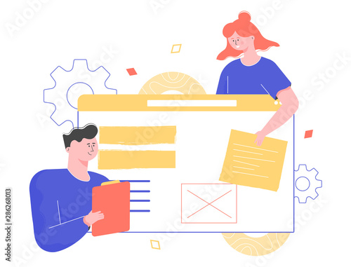 Team of young people creates a new breakthrough project, an online service. Startup and tech business. The girl puts the item on the web page, the leader guy manages the process. Vector flat people.