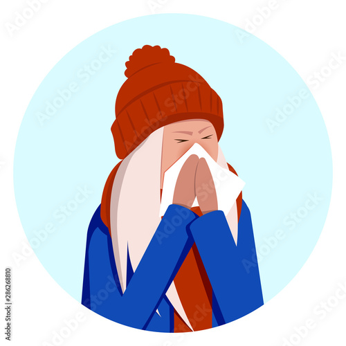 Girl has runny nose and viruses around on a blue background.Vector stock illustration, EPS 10.