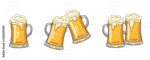 Glass or ceramic mugs filled of golden light beer with overflowing froth heads. Isolated on white background, for brewery emblem or beer party design