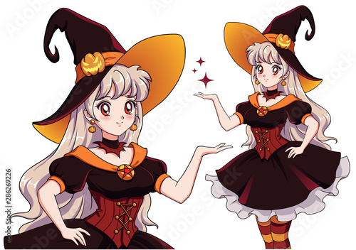 Pretty young vampire witch. Announce Halloween Party. Hand drawn retro anime girl with white hair and red eyes. Vector illustration for children games, invitation cards, design template etc.