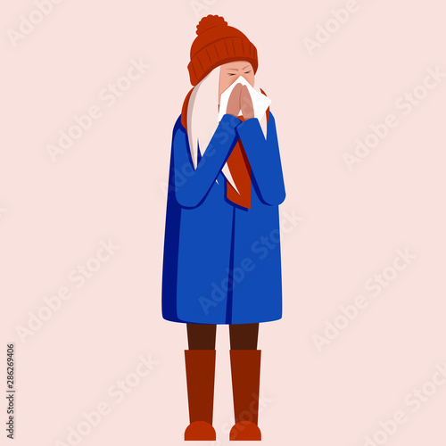 Foto Girl has runny nose and viruses around on a blue background