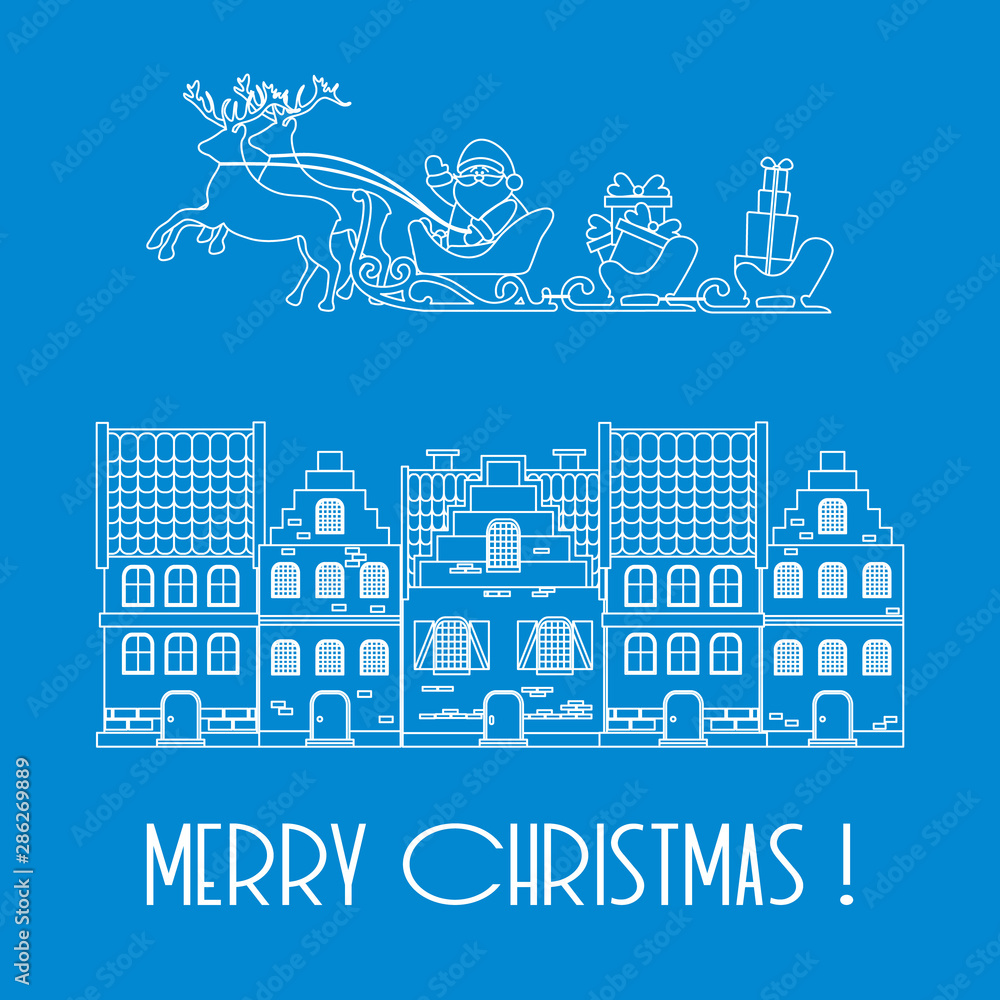 Christmas 2019 card. Santa, gifts, houses.