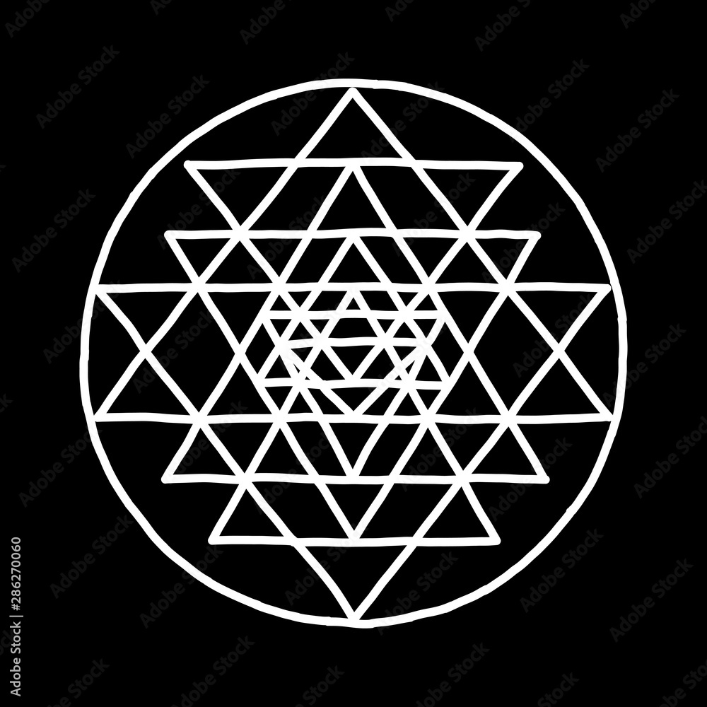 Sacred geometry and alchemy symbol Sri Yantra. Hand drawn sketch for your design Sacred geometry and alchemy symbol Sri Yantra. Hand drawn sketch for your design
