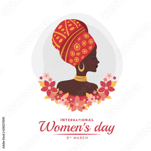 International women's day banner with african woman lady and red pink flora vector design