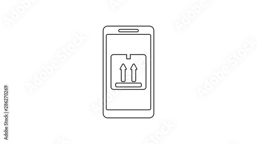 Black Mobile smart phone with app delivery tracking line icon on white background. Parcel tracking. 4K Video motion graphic animation photo