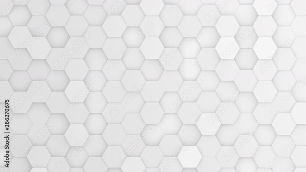 White hexagons moving up and down in a random pattern. 3D animated motion background loop. Top down isometric view.
