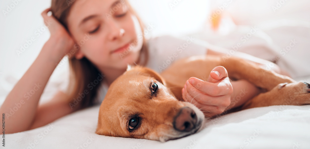 Girl lying in the bed and embracing dog