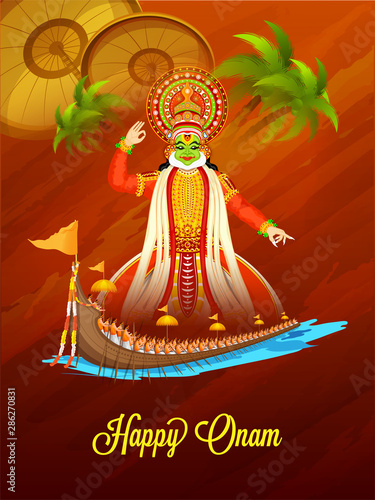 Happy Onam Festival card or template design with illustration of Kathakali dancer, Aranmula boat race, onam umbrella and coconut tree on brown texture background. photo