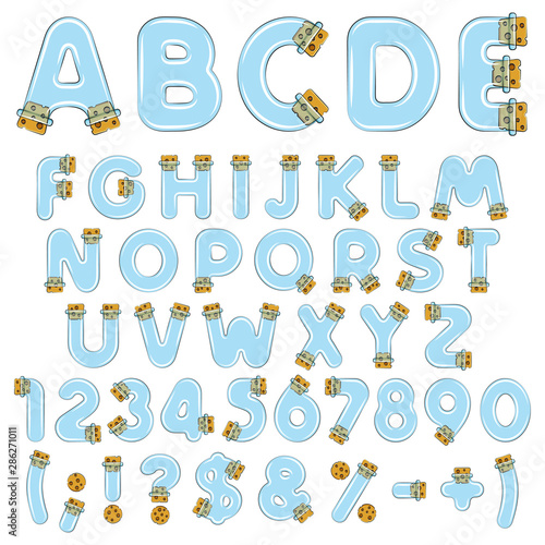 Alphabet, letters, numbers and symbols from vials, tubes with corks. Set of vector colored isolated objects on a white background.