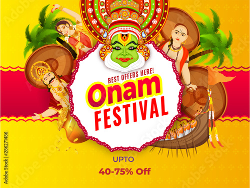 Sale banner or poster design with 40-75% discount offer, illustration of showing culture and tradition of Kerala for Onam Festival celebration concept.