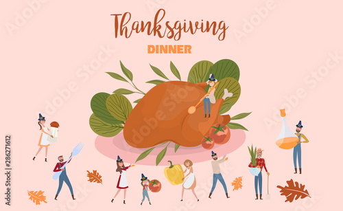Tiny people characters Cooking Huge Thanksgiving Turkey Flavouring with Vegetables. Thanksgiving dinner. Editable vector illustration