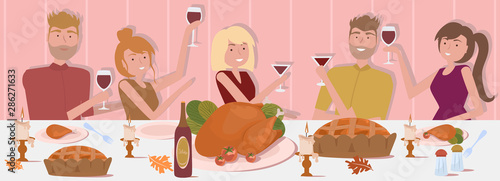 Happy Thanksgiving dinner with friends and famity.  Men and women are sitting at the festive table with a turkey and pumpkin pie, having fun, raising their glasses. Editable vector illustration