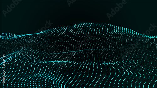 Abstract colour wave dots on black background. 3d. Big data. Network connection. Technology background.
