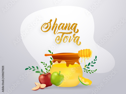 Jewish New Year, Shana Tova Festival card or poster design with illustration of honey jar, dripping stick and apple on grey background. photo