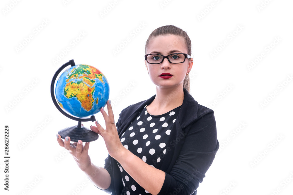 Fototapeta premium Woman in suit holding globe isolated on white