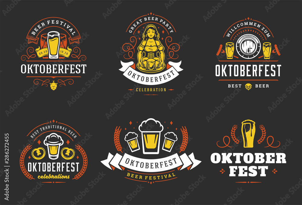 Naklejka premium Oktoberfest badges and labels set vintage typographic design templates vector illustration.