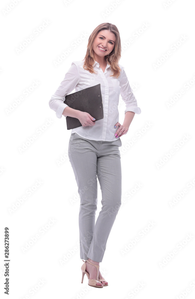 in full growth. confident young business woman in full growth. confident young business woman