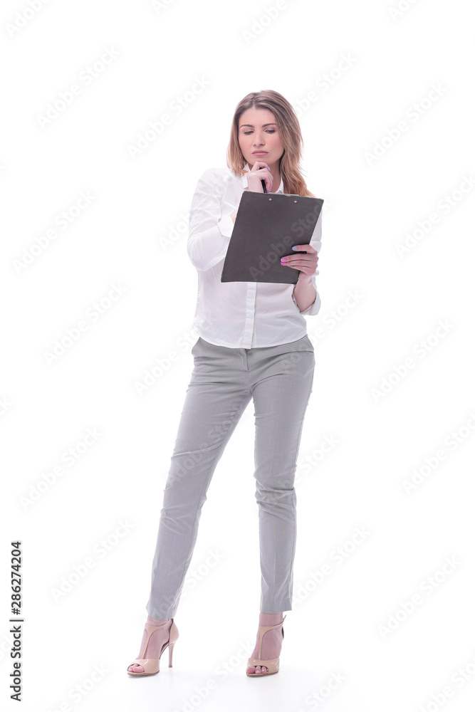 in full growth. young business woman with clipboard in full growth. young business woman with clipboard