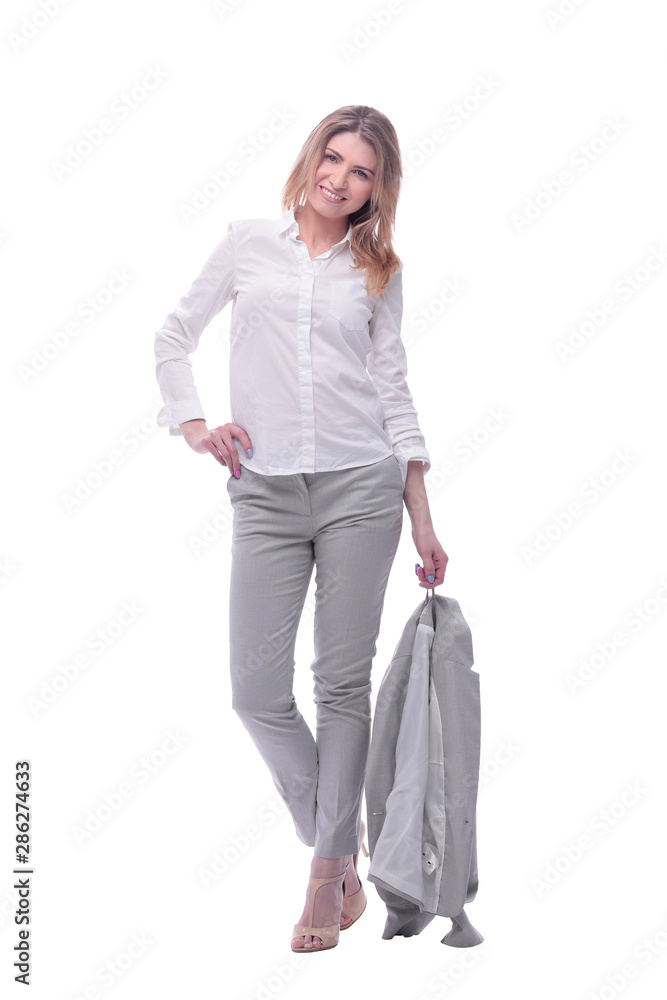 smiling business woman with a jacket over her shoulder. isolated on white smiling business woman with a jacket over her shoulder. isolated on white