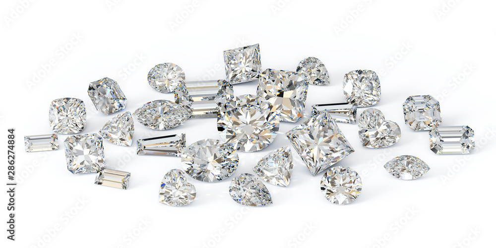 Variously cut loose diamonds on white background Variously cut loose diamonds on white background