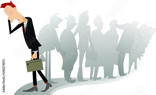 Sad man and a turn of the people illustration. Sad man with a bag puts hand on the head passing by the turn of the people