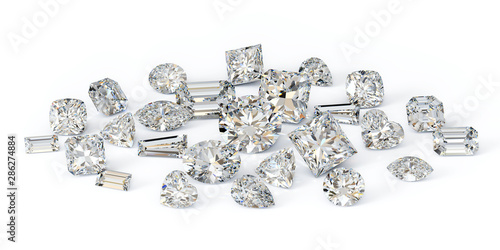 Variously cut loose diamonds on white background