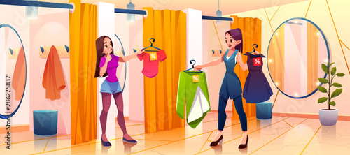 People in store fitting room try on clothes, saleswoman bring garment to girl stand in dressing cabin of apparel shopping mall. Cartoon vector illustration, fashion department interior