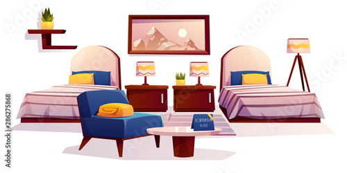 Hotel bedroom furniture and equipment. Apartment interior stuff isolated on white background, two single beds, nightstands with lamps, armchair, table, painting and plants. Cartoon vector illustration
