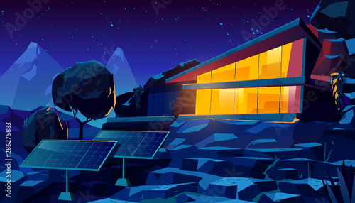 Organic architecture house with solar panels at night time. Eco friendly wooden dwelling building with huge lighting windows on mountain landscape with trees, green energy. Cartoon vector illustration