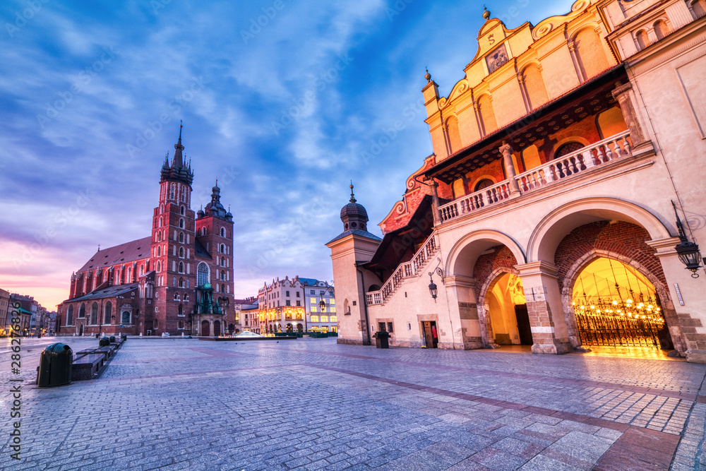 St. Mary's Basilica on the Krakow Main Square at Dusk, Krakow, Poland