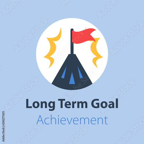 Higher achievement, mountain summit with flag, way to success