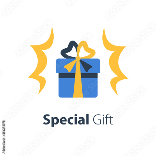 Blue box with ribbon, surprise shiny gift, special prize giveaway