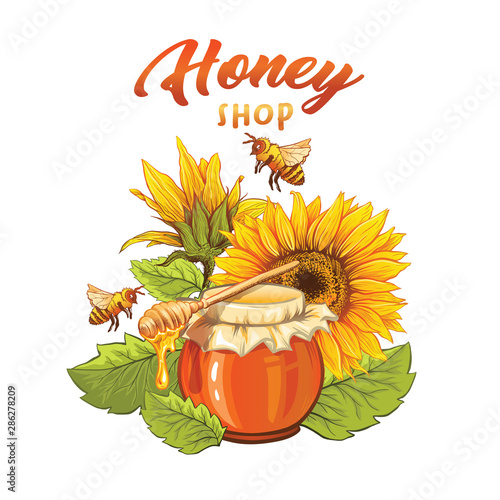 Organic honey shop flat banner vector template. Natural product, beeswax sale business. Beekeeping, apiary cartoon poster layout. Pot with dipper, bees and sunflowers illustration with lettering