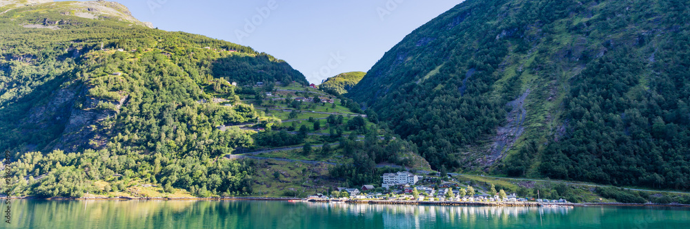 View hairpin bends road Mollsbygda to Gerianger fjord in More og Romsdal county in Norway famous for his beautiful boattrip through the fjord.