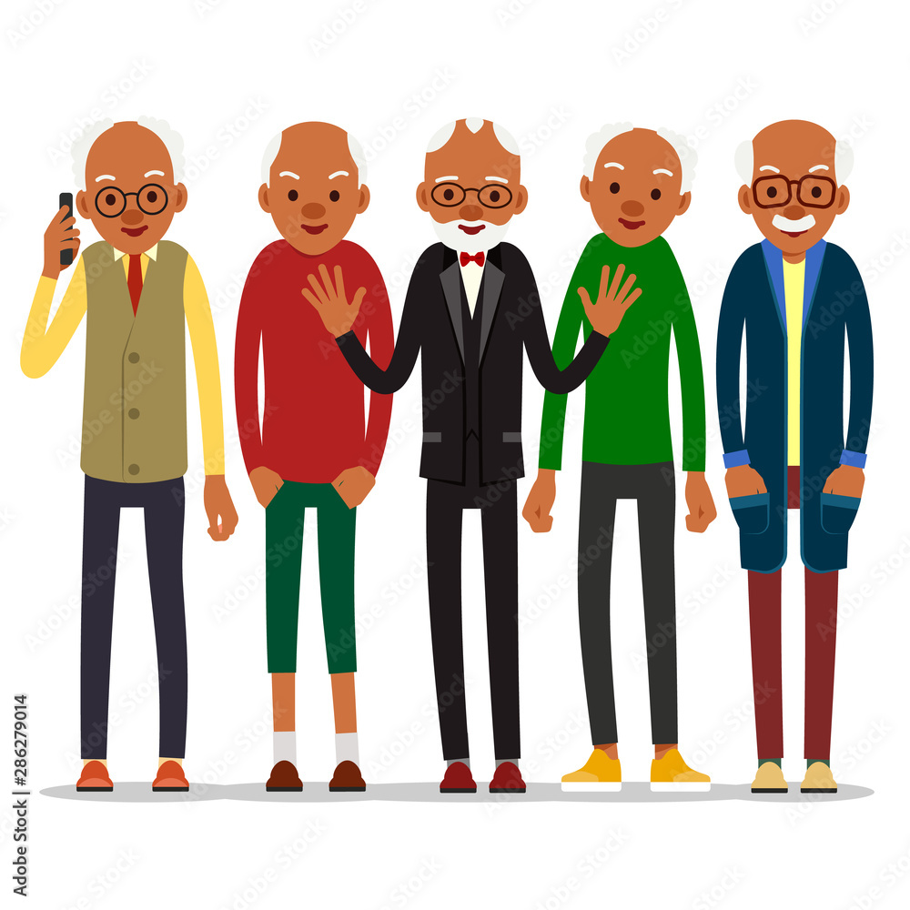 Group of attractive african old men. Older black seniors retired. Cute grandfather standing and smiling. Traditional retirement lifestyle. Cartoon illustration isolated on white background in flat Group of attractive african old men. Older black seniors retired. Cute grandfather standing and smiling. Traditional retirement lifestyle. Cartoon illustration isolated on white background in flat