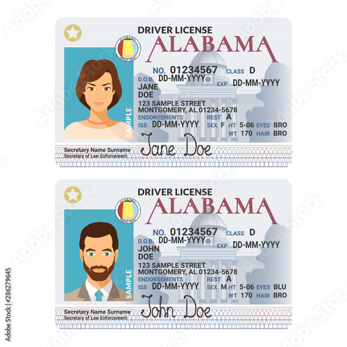 Vector template of sample driver license plastic card for USA Alabama